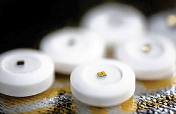 Imagen: El sensor Ingerible Proteus colocado en una píldora (Fotografía cortesía de Proteus Digital Health).