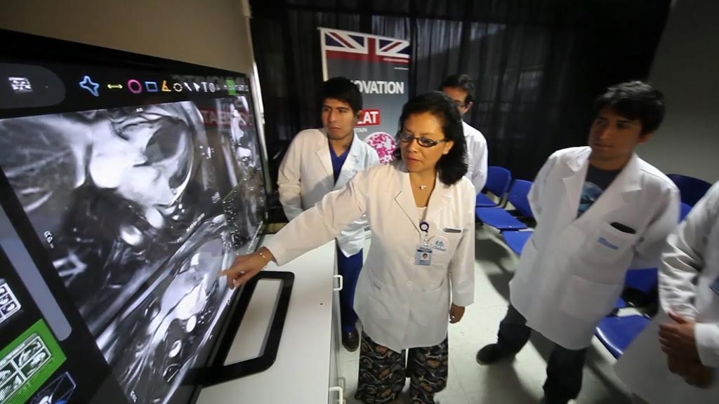 Imagen: La Dra. Katia Menacho mostrando resultados de CMR del estudio peruano en el UCL (Fotografía cortesía de Cienciactiva).
