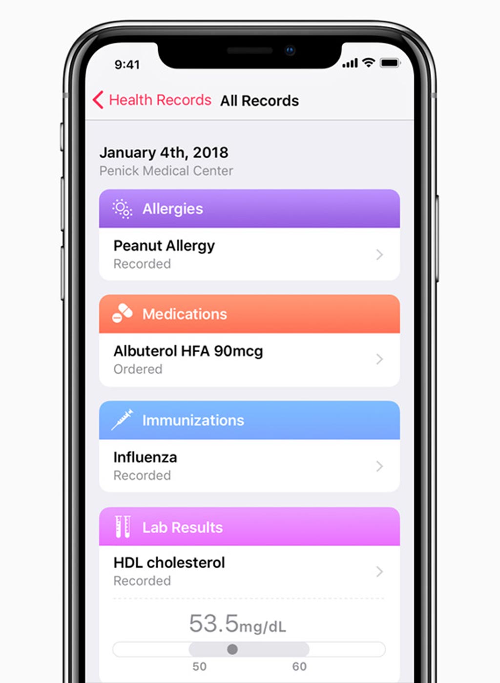 Imagen: Apple PHR organiza las historias clínicas en una vista de línea de tiempo clara y fácil de entender (Fotografía cortesía de Apple).