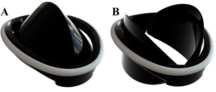 Imagen: Se muestran vistas isométricas renderizadas de la iValve en las posiciones A) cerrada y B) abierta (Foto cortesía del Journal of Biomechanics)