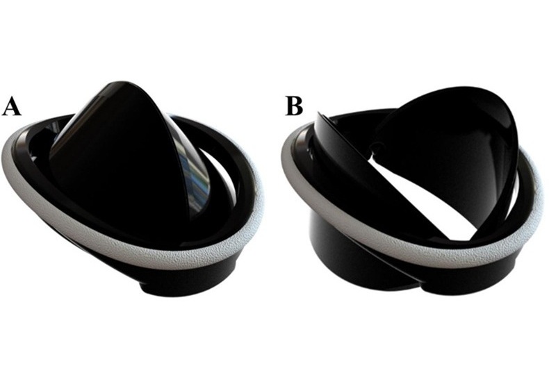 Imagen: se muestran vistas isométricas renderizadas de la iValve en las posiciones A) cerrada y B) abierta (Foto cortesía de Journal of Biomechanics)