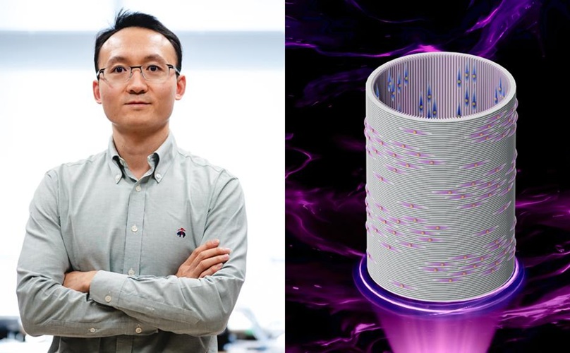 Imagen: el profesor adjunto Yonghui Ding a la izquierda y una ilustración de una estructura de vasos sanguíneos impresa en 3D (Fotografía cortesía de WPI)