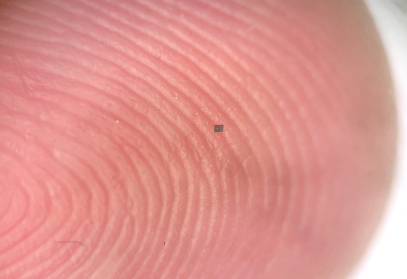 Imagen: un microrobot, totalmente integrado con sensores y un ordenador, lo suficientemente pequeño como para mantenerse en equilibrio sobre la cresta de una huella dactilarl (Foto cortesía de Marc Miskin/Penn)