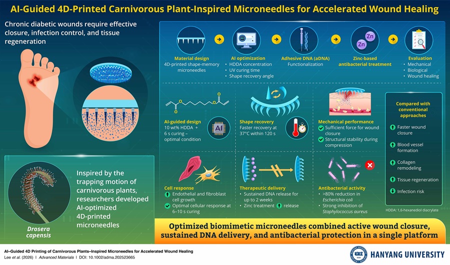 Imagen: Investigadores desarrollaron un parche de microagujas impreso en 4D guiado por IA inspirado en la planta carnívora Drosera capensis. El dispositivo que cambia de forma se dobla a la temperatura corporal para ayudar a cerrar las heridas mientras administra ADN regenerativo y tratamiento antibacteriano con zinc. En experimentos preclínicos de curación de heridas, la tecnología aceleró la curación de heridas y promovió la regeneración de tejidos (Fotografía cortesía de la Universidad de Hanyang) Imagen: Investigadores desarrollaron un parche de microagujas impreso en 4D guiado por IA inspirado en la planta carnívora Drosera capensis. El dispositivo que cambia de forma se dobla a la temperatura corporal para ayudar a cerrar las heridas mientras administra ADN regenerativo y tratamiento antibacteriano con zinc. En experimentos preclínicos de curación de heridas, la tecnología aceleró la curación de heridas y promovió la regeneración de tejidos (Fotografía cortesía de la Universidad de Hanyang)