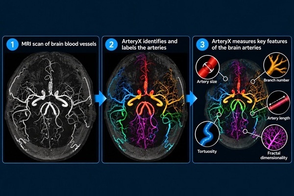 Imagen: La herramienta analiza la angiografía por resonancia magnética de tiempo de vuelo en 3D para medir la longitud, el radio, el volumen, la ramificación, la tortuosidad y otras características estructurales de los vasos cerebrales. (Foto cortesía del Centro Médico de la Universidad de Rochester)