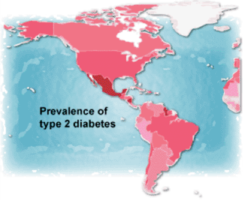 Imagen: Un mapa ilustrando las tasas relativas de la diabetes tipo 2 en los países de América. El factor de riesgo genético, recién descubierto para la diabetes tipo 2, podría ser responsable de hasta el 20% del aumento de la prevalencia en estas poblaciones (Fotografía cortesía del Instituto Broad; adaptada por Lauren Solomon, Broad Communications, de una imagen en la Federación Internacional de Diabetes).