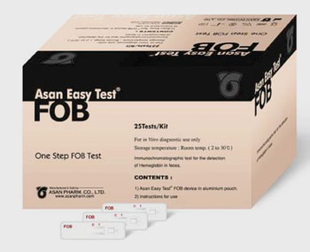 Imagen A: Una prueba inmunocromatográfica para sangre oculta fecal (iFOBT), la prueba Asan Easy FOB (Fotografía cortesía de Asan Pharm Company).