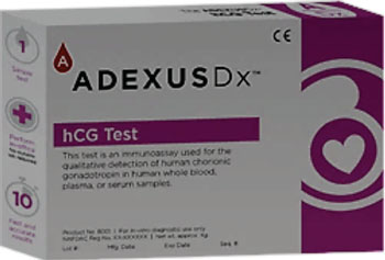 Imagen: El kit de prueba de embarazo precoz AdexusDx hCG (Fotografía cortesía de NOWDiagnostics).
