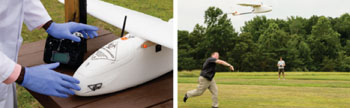 Imagen C: (5) Izquierda: Fuselaje cubierto, asegurado y etiquetado. (6) A la derecha: Despegue con un lanzamiento de mano (Fotografía cortesía de Medicina Johns Hopkins y PLOS One).