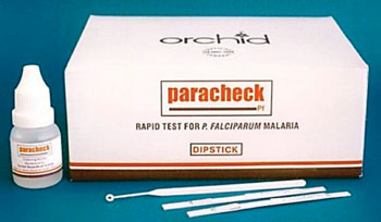 Imagen B: La prueba rápida Paracheck para el diagnóstico del paludismo por Plasmodium falciparum (Fotografía cortesía de Orchid Biomedical Systems).