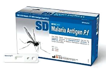 Imagen B: La prueba de diagnóstico rápida SD Bioline Malaria Antígeno Pf (RDT) para Plasmodium falciparum (Foto cortesía de Standard Diagnostics).