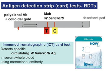 Imagen: Las pruebas inmunocromatográficas BinaxNOW para Wuchereria bancrofti (Fotografía cortesía de Alere).