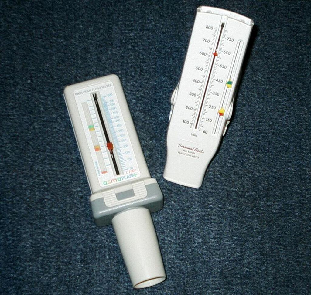 Imagen: Medidores de flujo máximo, utilizados para medir el índice de flujo espiratorio máximo tanto para el control como para el diagnóstico del asma (Fotografía cortesía de Wikimedia Commons).