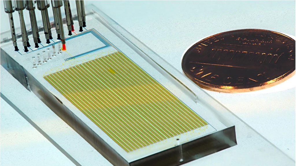 Imagen: Un dispositivo de microfluidos MITOMI (Fotografía cortesía de Sebastian Maerkl, 2021 EPFL)