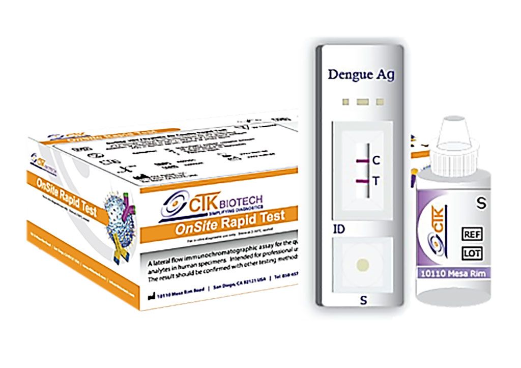 Imagen: La prueba rápida OnSite Dengue Ag es un inmunoensayo cromatográfico de flujo lateral para la detección cualitativa del antígeno NS1 del dengue (DEN1, 2, 3, 4) en suero, plasma o sangre total humanos (Fotografía cortesía de CTK BioTech)