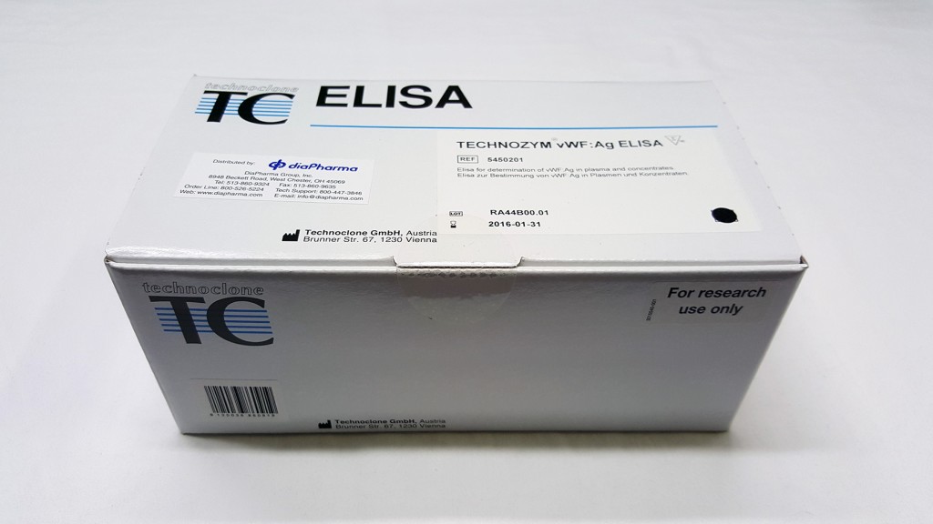 Imagen: El kit ELISA Technozym vWF:Ag es un kit de análisis para la determinación del antígeno del factor von Willebrand (vWF) en plasma y concentrados (Fotografía cortesía de Diapharma)