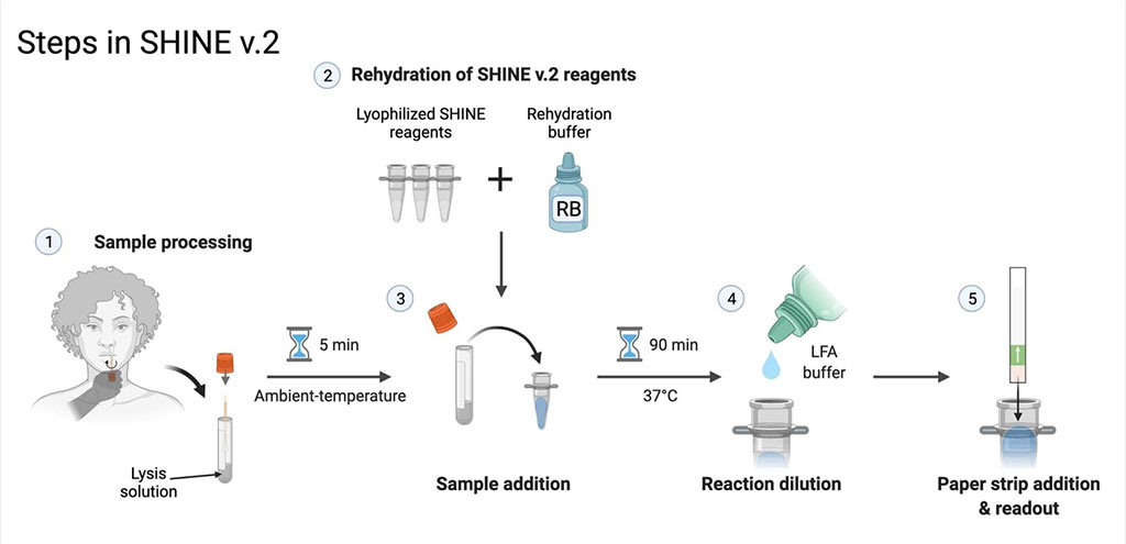 Imagen: La prueba de diagnóstico SHINEv.2, basada en CRISPR, para SARS-CoV-2 y sus variantes se puede realizar con solo cinco pasos simples (Fotografía cortesía de la Universidad de Princeton)