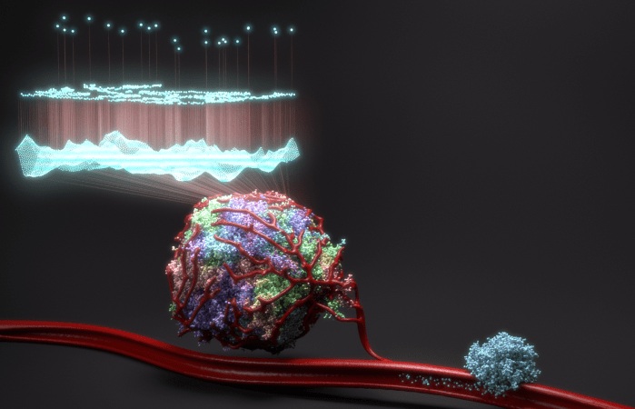 Imagen: ilustración que muestra el tumor (esfera izquierda) que contiene un mosaico de comunidades de células cancerosas y tumor secundario (esfera derecha) (foto cortesía de Jeroen Claus/Phospho Biomedical Animation)