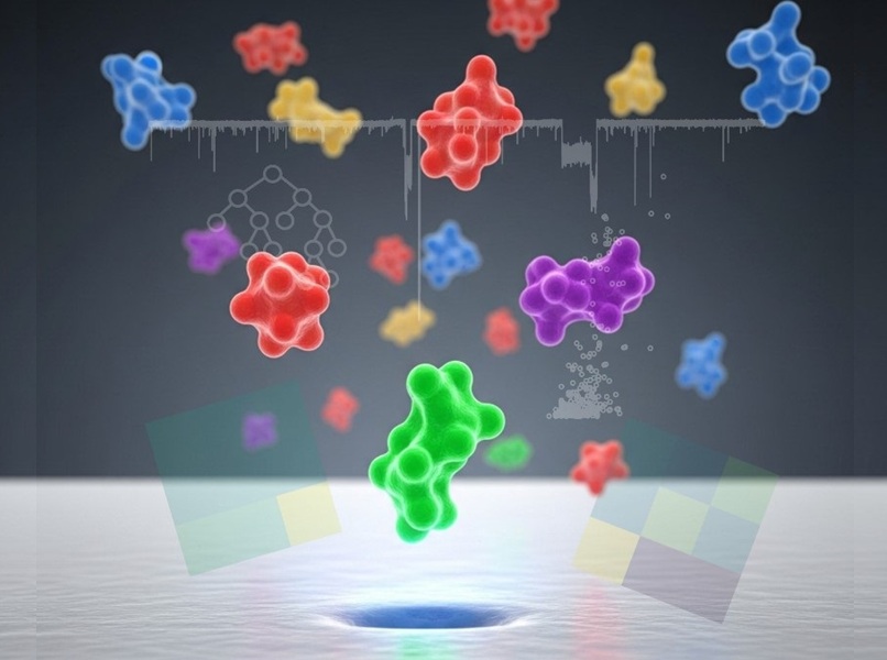 Imagen: la representación artística muestra proteínas (formas coloreadas) analizadas mediante nanoporos de estado sólido en diferentes condiciones de voltaje (fotografía cortesía de Sotaro Uemura/Universidad de Tokio)