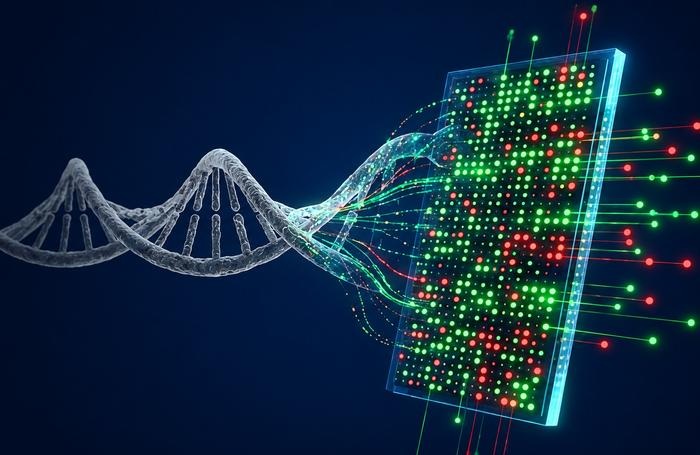 Imagen: Ilustración del nuevo análisis de sangre, que utiliza un chip de ADN para detectar la huella biológica del tumor (Fotografía cortesía de la Universidad de Tel Aviv)