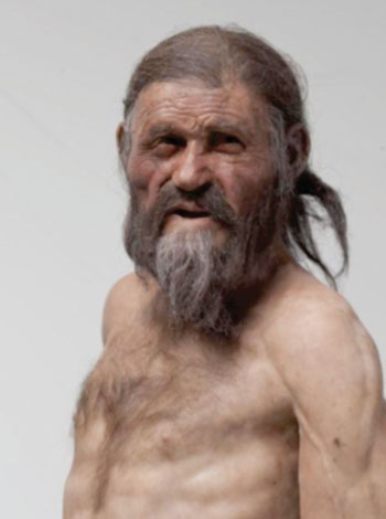 Imagen: Reconstrucción del hombre del hielo Ötzi tal como se presenta en el Museo Arqueológico del Tirol del Sur y que muestra el hombre de hielo con los ojos marrones según lo que indica su análisis genético (Fotografía cortesía del Museo de Arqueología de Tirol del Sur, Fotografía Ochsenreiter).