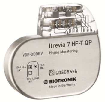 Imagen: El dispositivo para tratamiento de resincronización cardíaca Itrevia 7 HF-T QP (Fotografía cortesía de Biotronik).