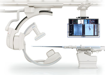 Imagen: El sistema de angiografía, montado en el techo, de doble corredera, Infinix i Sky+ (Fotografía cortesía de Toshiba Medical Systems).