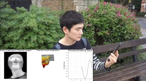 Imagen: La investigación sugiere que las cámaras térmicas de bajo costo conectadas a los teléfonos móviles pueden rastrear los patrones de respiración (Fotografía cortesía de Youngjun Cho / UCL).