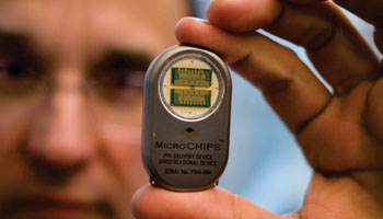 Image: A prototype contraceptive implant (Photo courtesy of MicroCHIPS).