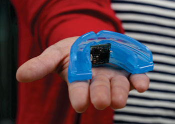 Image: The UCSD uric acid mouthguard monitor (Photo courtesy of UCSD).
