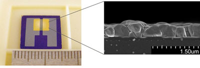 Image: The new sensor device (L) and a cross-sectional scanning electron microscope photo of the copper(I)-bromide film (Photo courtesy of Fujitsu Laboratories).