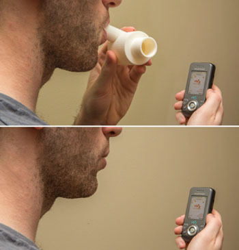 Image: A person using SpiroCall on a phone with and without a SpiroCall whistle (Photo courtesy of the University of Washington).