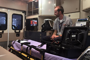 Image: The mobile videoconferencing system (Photo courtesy of Josh Barney / UVA Health System).