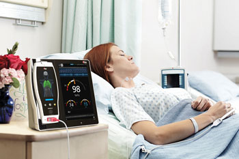 Image: The Masimo Root with RAM with respiration rate monitoring using the RAS-45 sensor (Photo courtesy of Masimo).