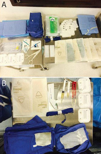 Image: Two images of wasted surgical supplies after a UCSF neurosurgery procedure (Photo courtesy of Christopher Moriates/ UCSF).
