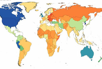 Image: The proportion of men with high blood pressure worldwide (blue is lower) (Photo courtesy of ICL).