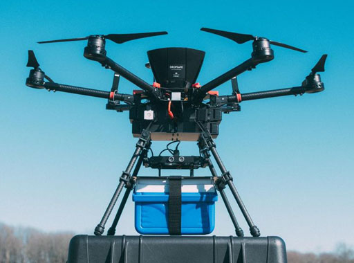 Image: The DJI S900-drone with attached blood product cooler (Photo courtesy of JHU).