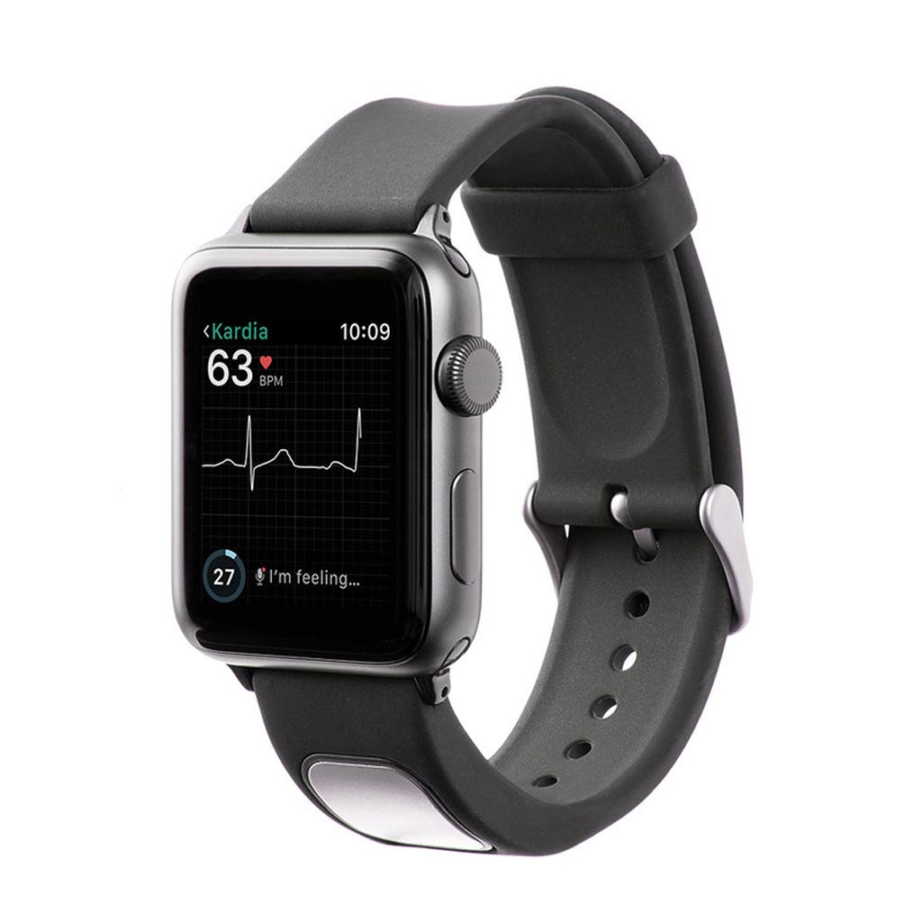 Image: A sensor on the strap of an Apple SmartWatch can record ECGs (Photo courtesy of AliveCor).