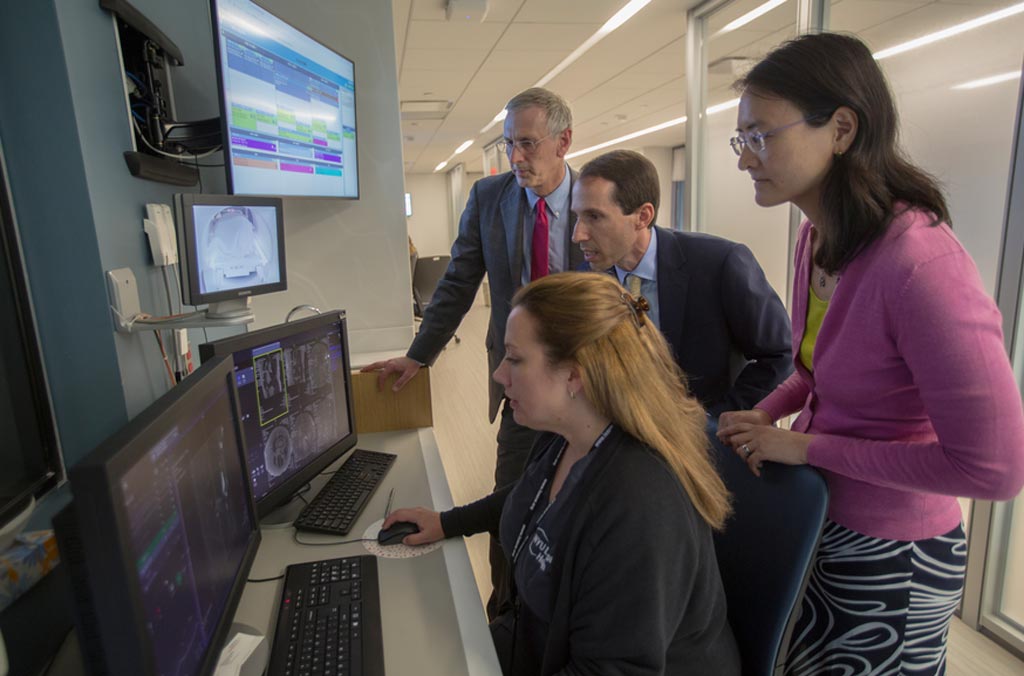 Image: NYU School of Medicine Department of Radiology chair, Michael Recht, MD; Daniel Sodickson, MD, PhD, vice chair for research and director of the Center for Advanced Imaging Innovation and Research; and Yvonne Lui, MD, director of artificial intelligence, watch an MRI exam take place with at NYU Langone Health in New York in August 2018.