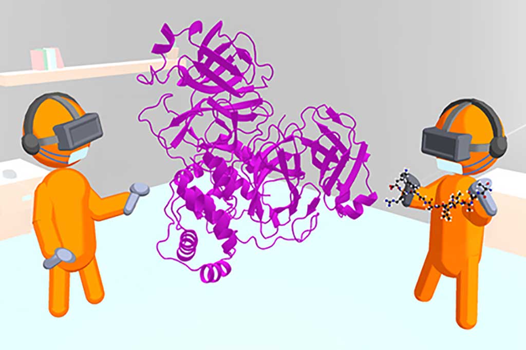 Image: A cartoon showing iMD-VR being used to model how a viral protein binds to the SARS-CoV-2 main protease (Photo courtesy of University of Bristol)