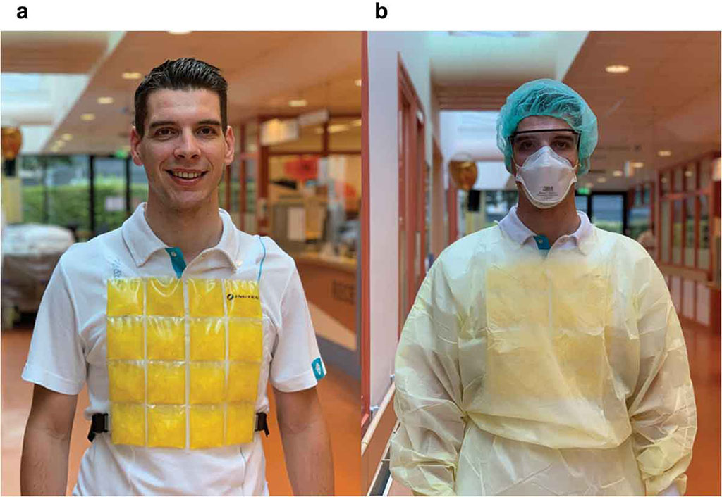 Image: A PCM vest worn over a medical scrub (a) and under PPE (b) (Photo courtesy of RU)