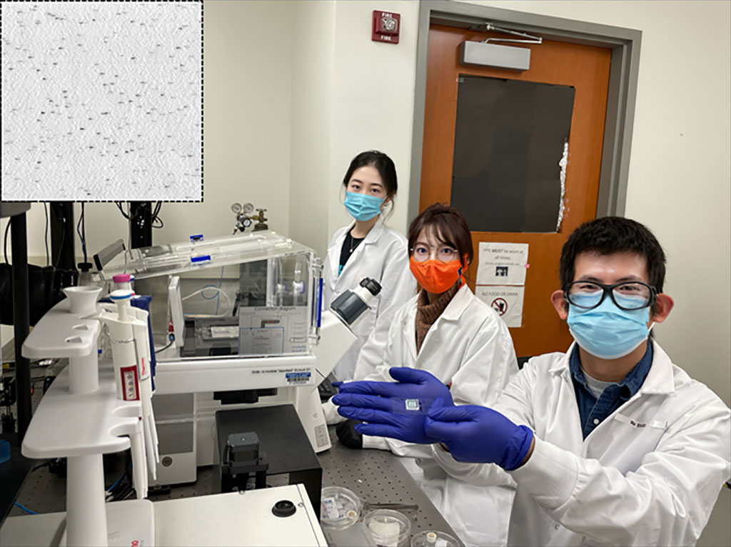 Image: The HMNTL team displays new COVID-19 antibody test. At the top left corner is a PRAM image in which each black dot represents one detected COVID-19 antibody molecule (Photo courtesy of University of Illinois)
