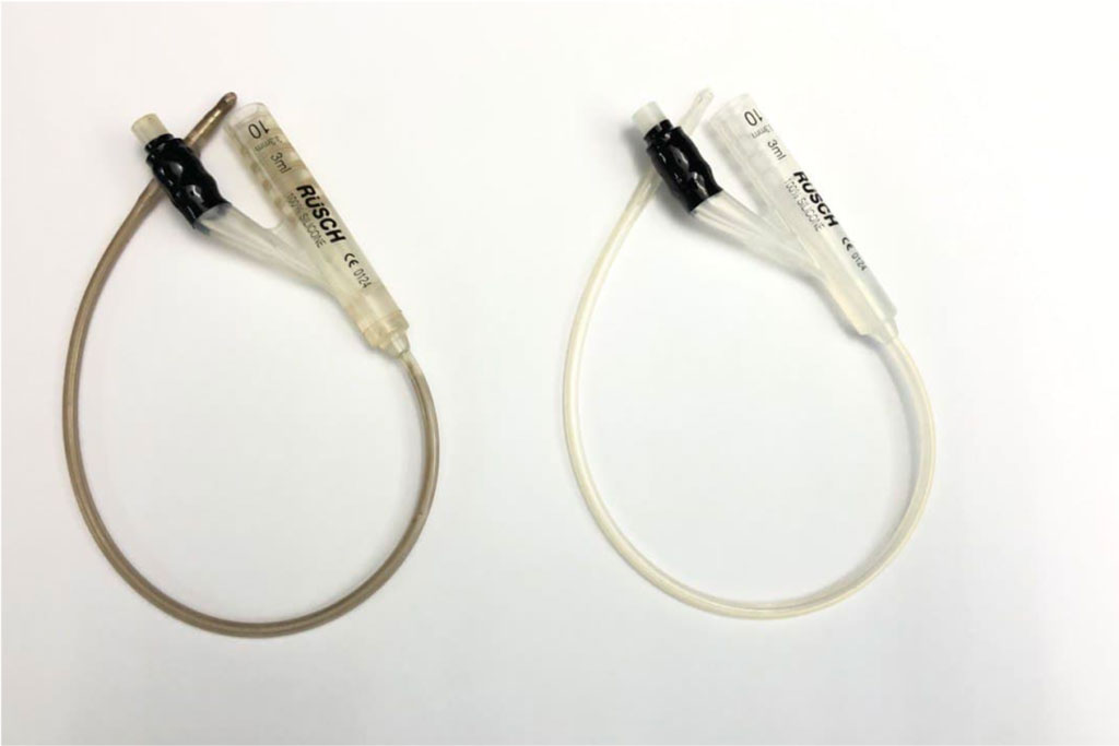 Image: Photo of a coated versus an uncoated catheter (Photo courtesy of UBC)
