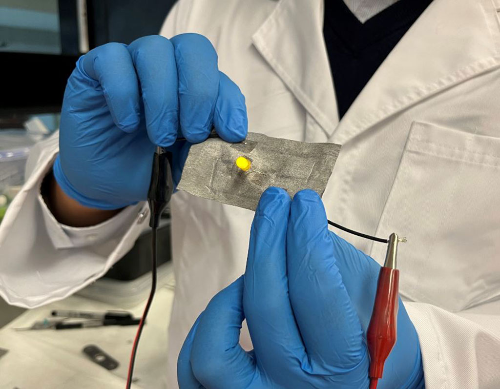 Image: The fabric becomes conductive when coated with a special `breathable` metallic layer (Photo courtesy of Flinders University)