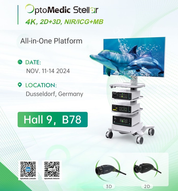 Image: The Stellar 4K, 2D+3D, NIR/ICG+MB all-in-one platform is on display at MEDICA 2024 (Photo courtesy of OptoMedic)