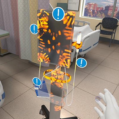 Image: A screengrab from the VR training module that shows invisible contamination on portable medical equipment (Photo courtesy of Mass General Brigham)