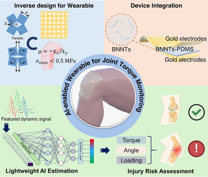 Image: The AI-enabled wearable device with boron nitride nanotubes-based piezoelectric film enables accurate joint torque sensing (Chang et al., Nano‑Micro Lett., 2025, DOI: 10.1007/s40820‑025‑01753‑w)