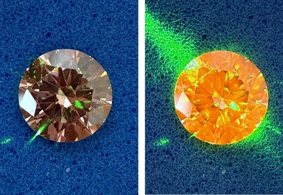 Image: Diamond containing nitrogen-vacancy color centers on a blue background (left); the diamond exposed to stronger laser light (right) (Photo courtesy of Karishma Gokani/University of Warwick)