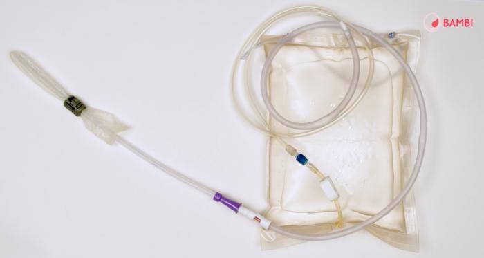 Image: The BAMBI kit including a connector, a rectal probe, a probe cover and a bag of saline solution fitted with a clamp (Photo courtesy of Politecnico di Milano)