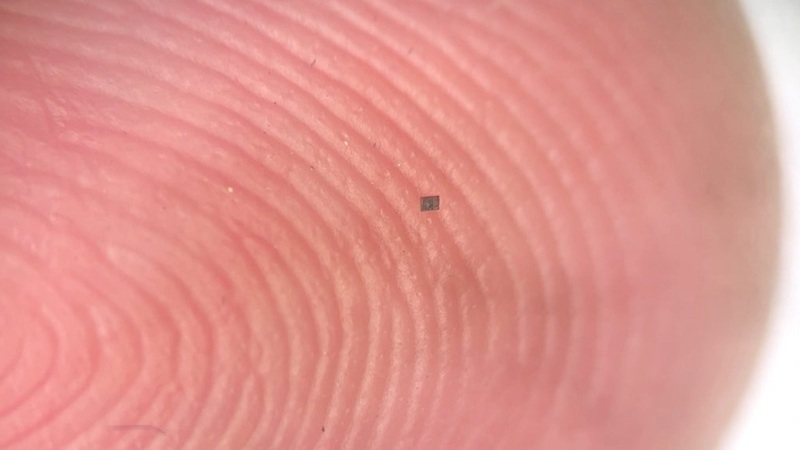 Image: A microrobot, fully integrated with sensors and a computer, small enough to balance on the ridge of a fingerprint (Photo courtesy of Marc Miskin/Penn)